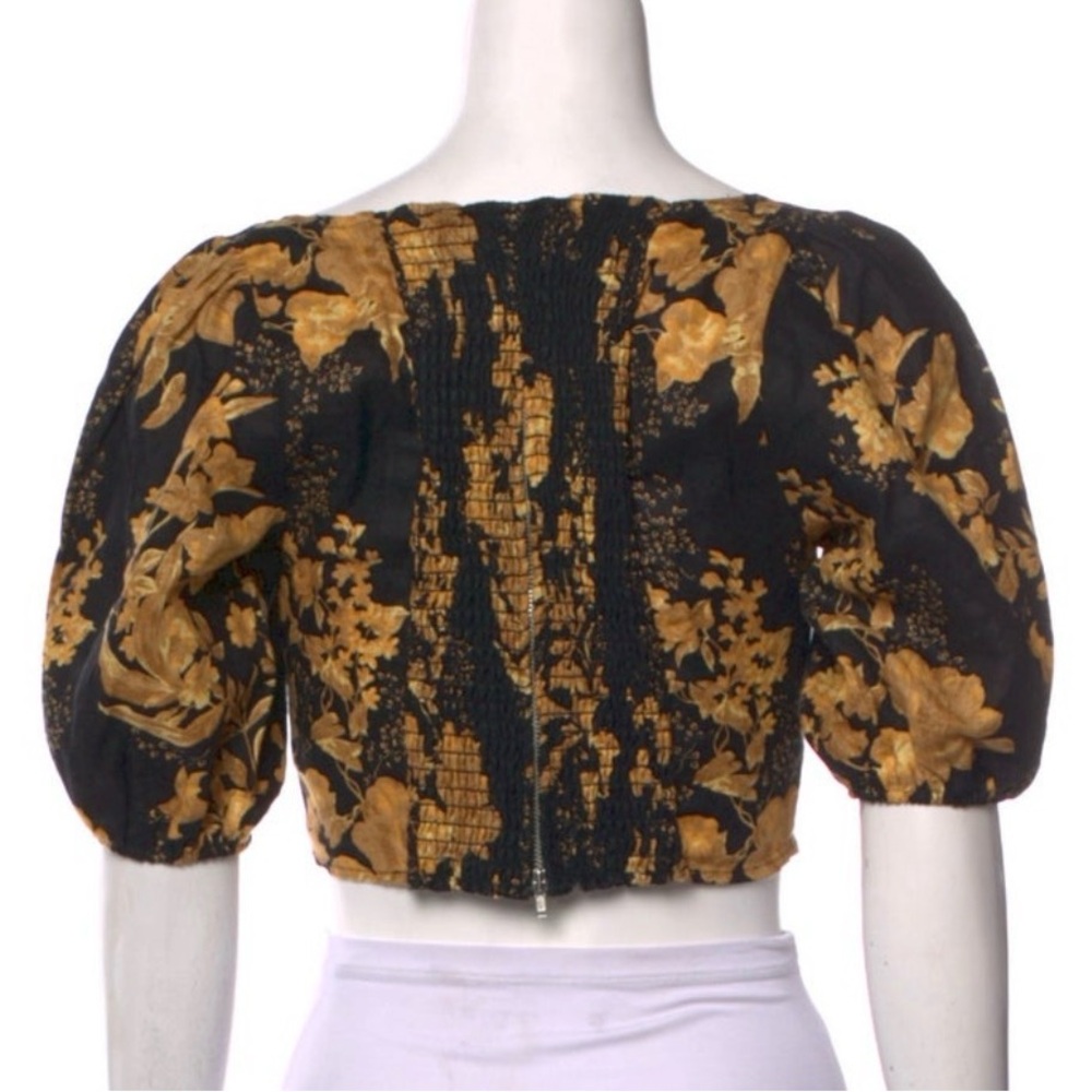 Reformation Yucca Black and Gold Floral Puff-Sleeve Smock-Back Crop Top - Size 6 - Picture 2 of 7